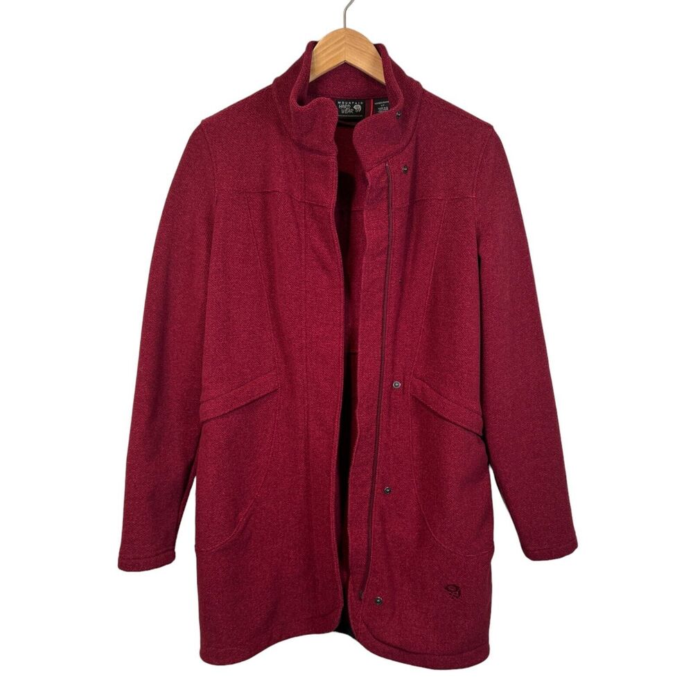 Mountain Hardwear Long Zip Jacket Size Small Red Burgundy Pea‎ Coat Fleece Lined